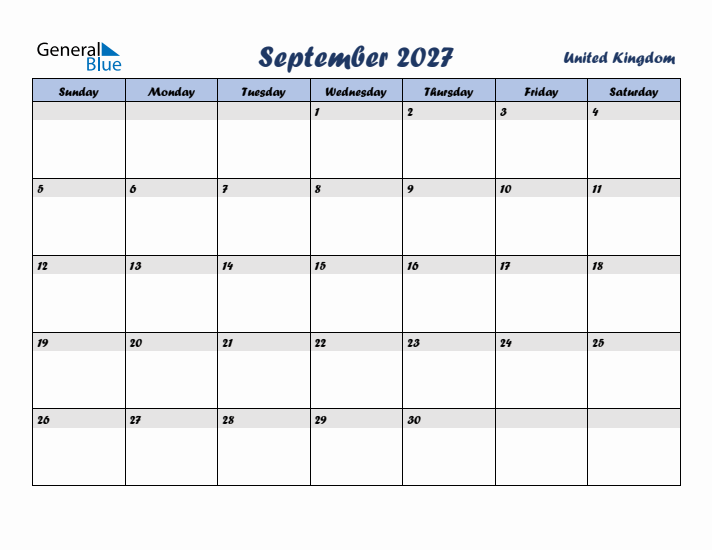 September 2027 Calendar with Holidays in United Kingdom