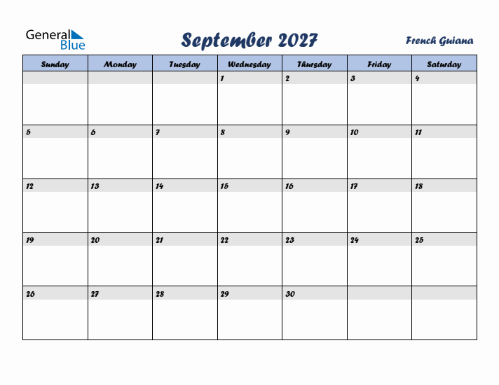 September 2027 Calendar with Holidays in French Guiana