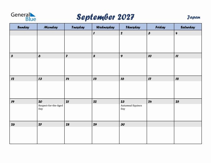 September 2027 Calendar with Holidays in Japan