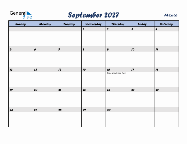 September 2027 Calendar with Holidays in Mexico