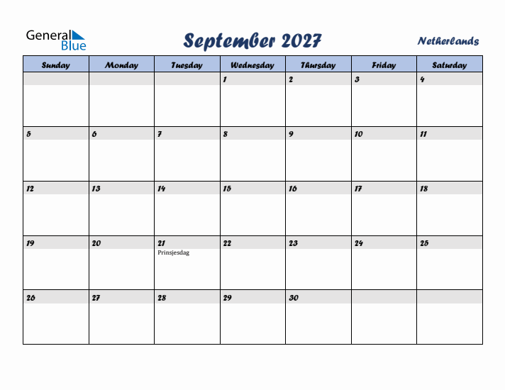 September 2027 Calendar with Holidays in The Netherlands