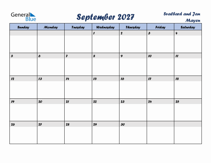 September 2027 Calendar with Holidays in Svalbard and Jan Mayen