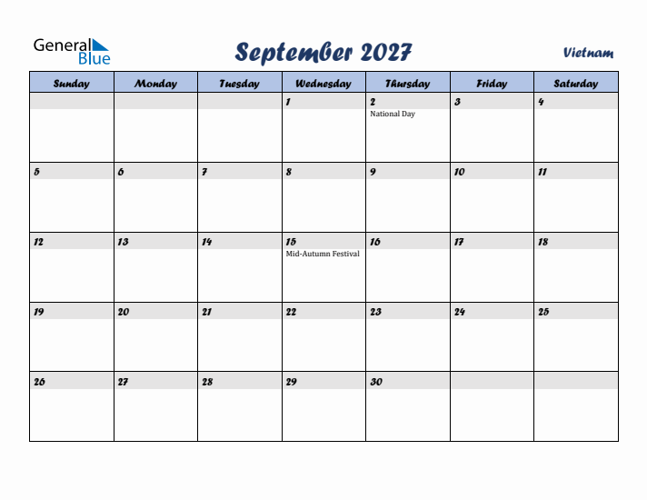September 2027 Calendar with Holidays in Vietnam