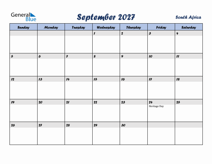 September 2027 Calendar with Holidays in South Africa