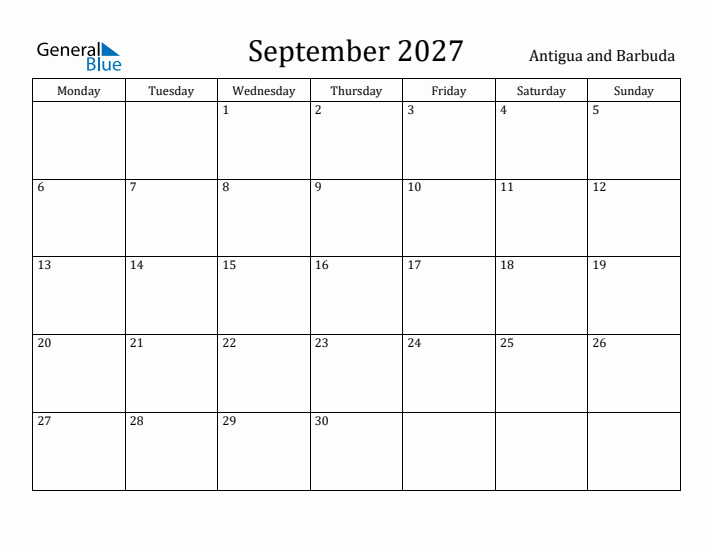 September 2027 Calendar Antigua and Barbuda