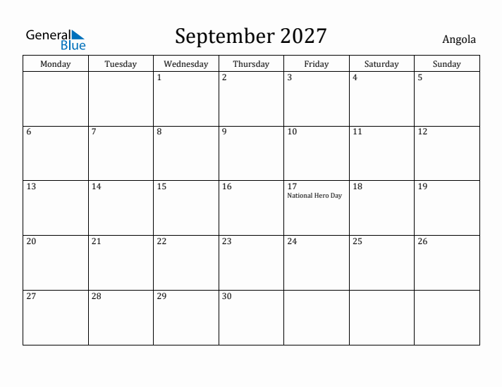 September 2027 Calendar Angola