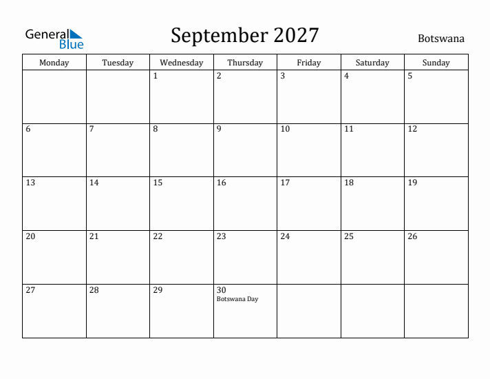 September 2027 Calendar Botswana