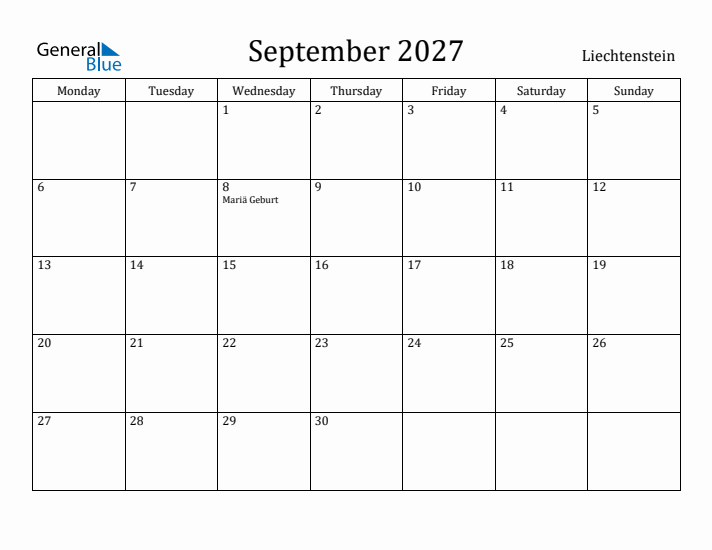 September 2027 Calendar Liechtenstein