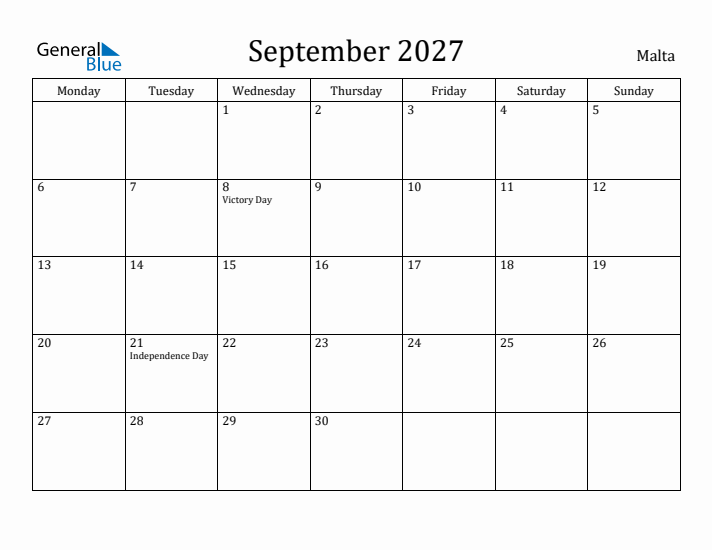 September 2027 Calendar Malta