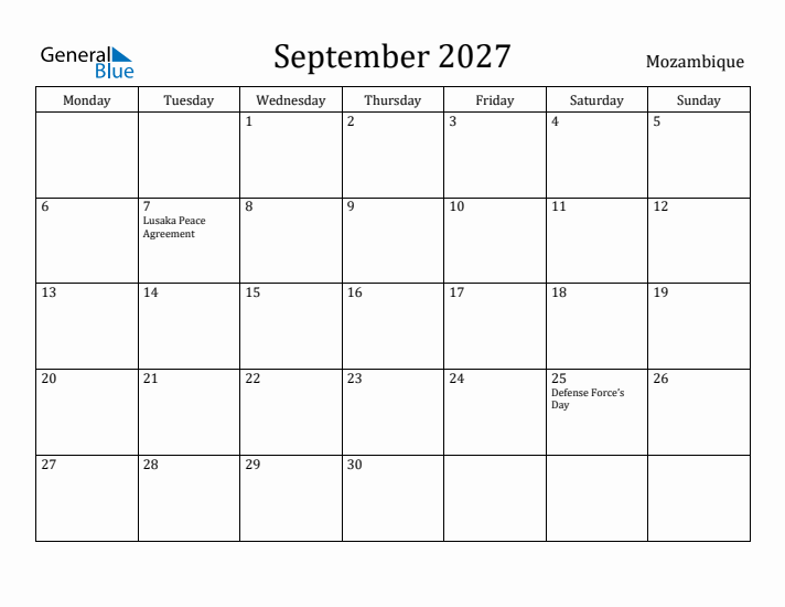 September 2027 Calendar Mozambique