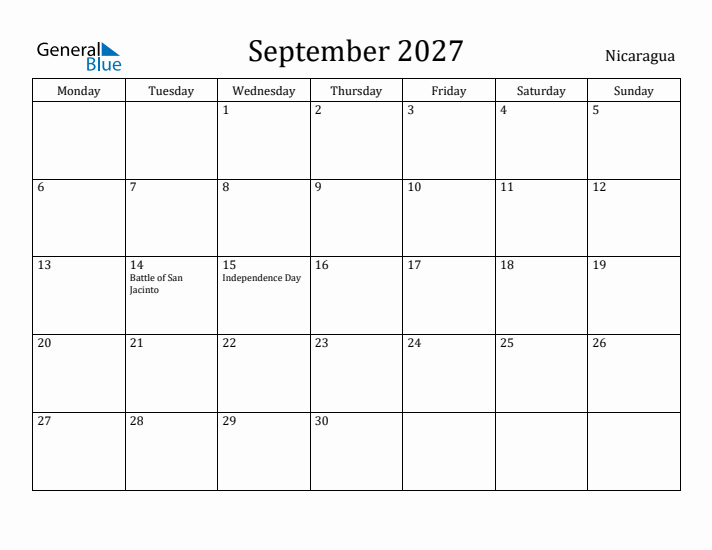 September 2027 Calendar Nicaragua
