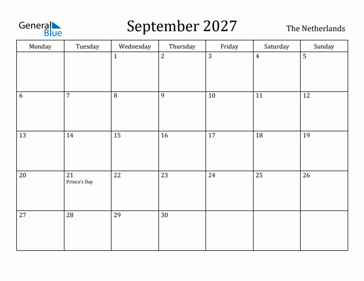 September 2027 Calendar The Netherlands