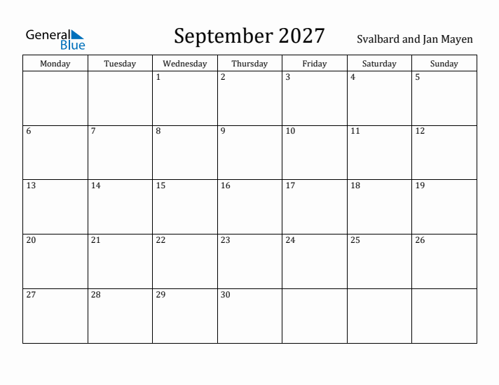 September 2027 Calendar Svalbard and Jan Mayen