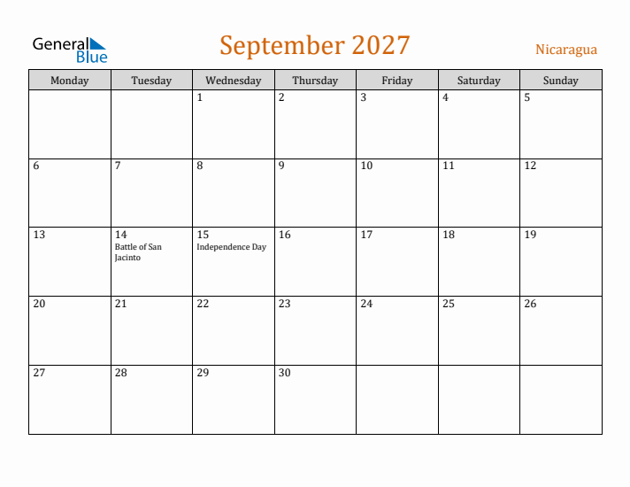 September 2027 Holiday Calendar with Monday Start