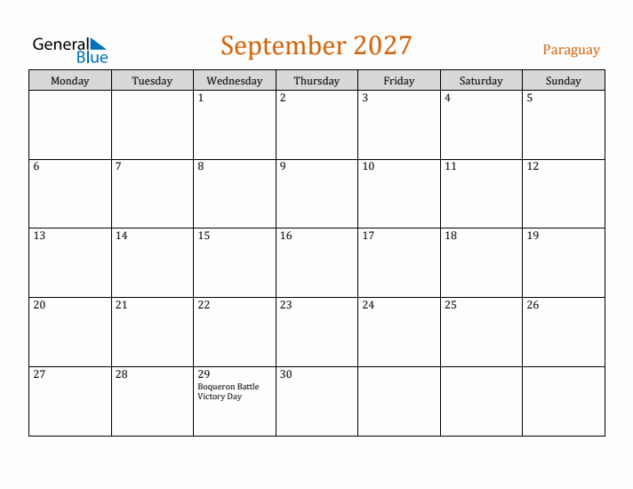 September 2027 Holiday Calendar with Monday Start