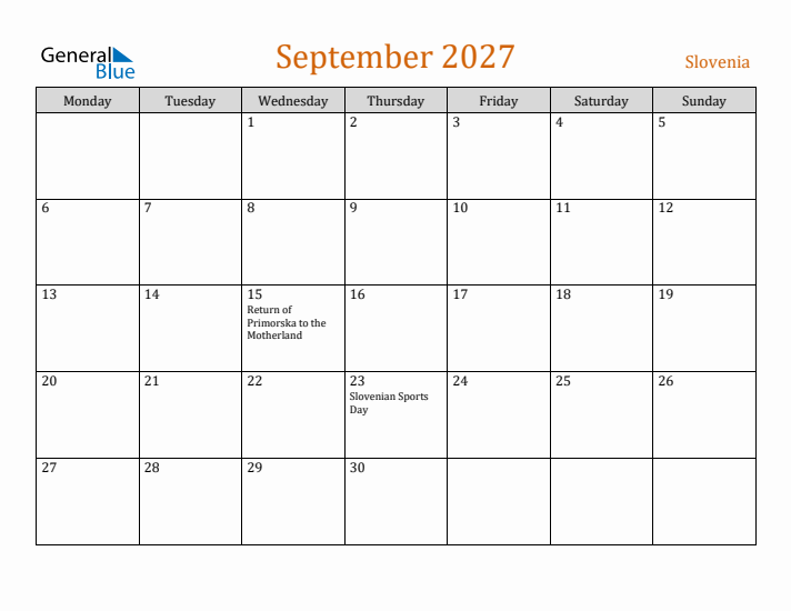 September 2027 Holiday Calendar with Monday Start