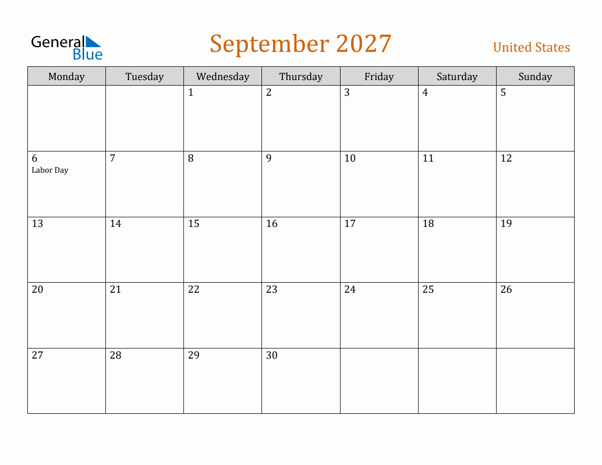 Free September 2027 United States Calendar