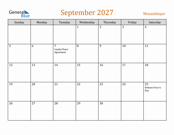 September 2027 Holiday Calendar with Sunday Start