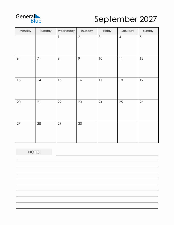 Printable Calendar with Notes - September 2027 
