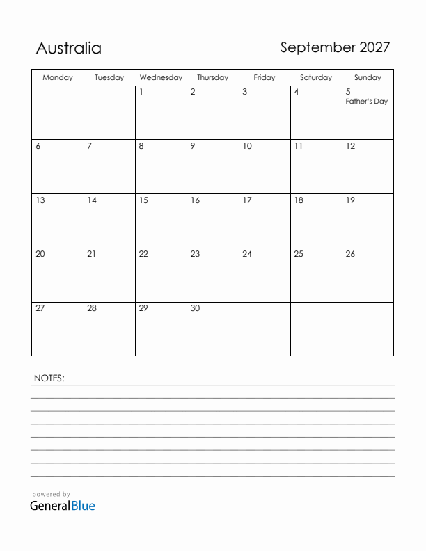 September 2027 Australia Calendar with Holidays (Monday Start)