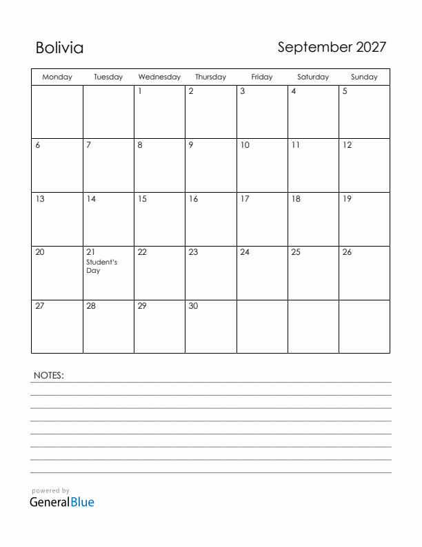 September 2027 Bolivia Calendar with Holidays (Monday Start)