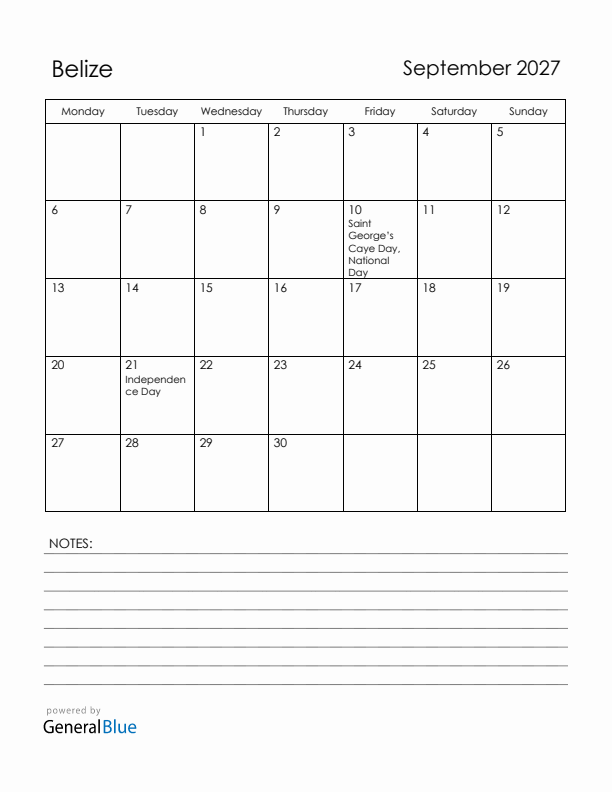 September 2027 Belize Calendar with Holidays (Monday Start)