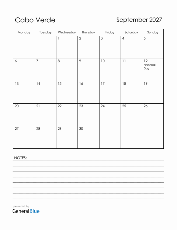 September 2027 Cabo Verde Calendar with Holidays (Monday Start)