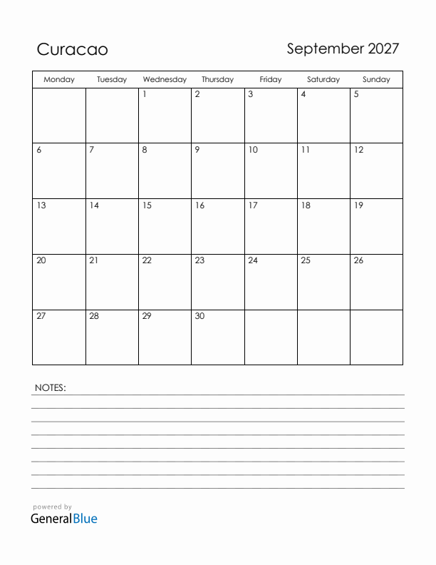 September 2027 Curacao Calendar with Holidays (Monday Start)