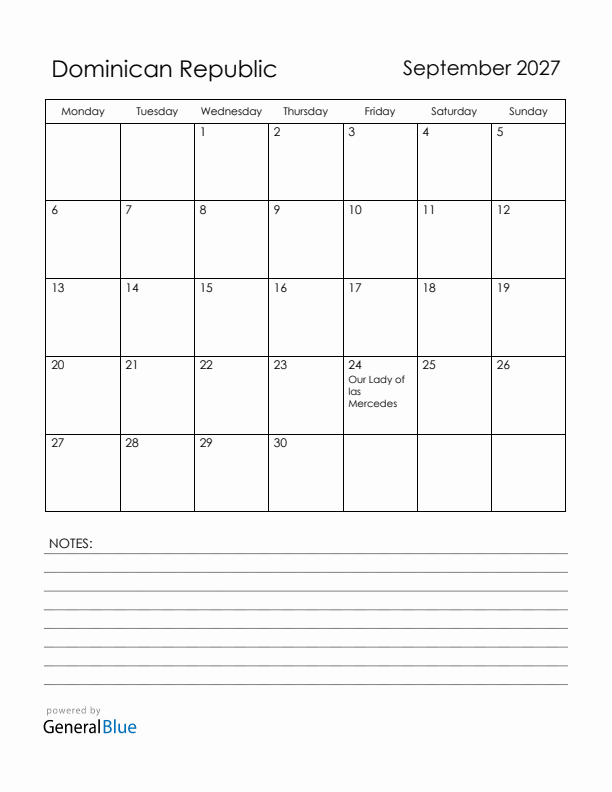 September 2027 Dominican Republic Calendar with Holidays (Monday Start)