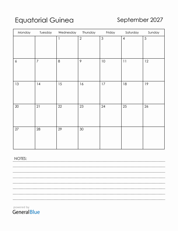 September 2027 Equatorial Guinea Calendar with Holidays (Monday Start)