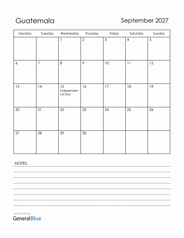 September 2027 Guatemala Calendar with Holidays (Monday Start)