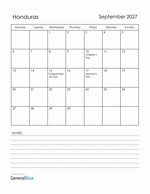 September 2027 Honduras Calendar with Holidays (Monday Start)