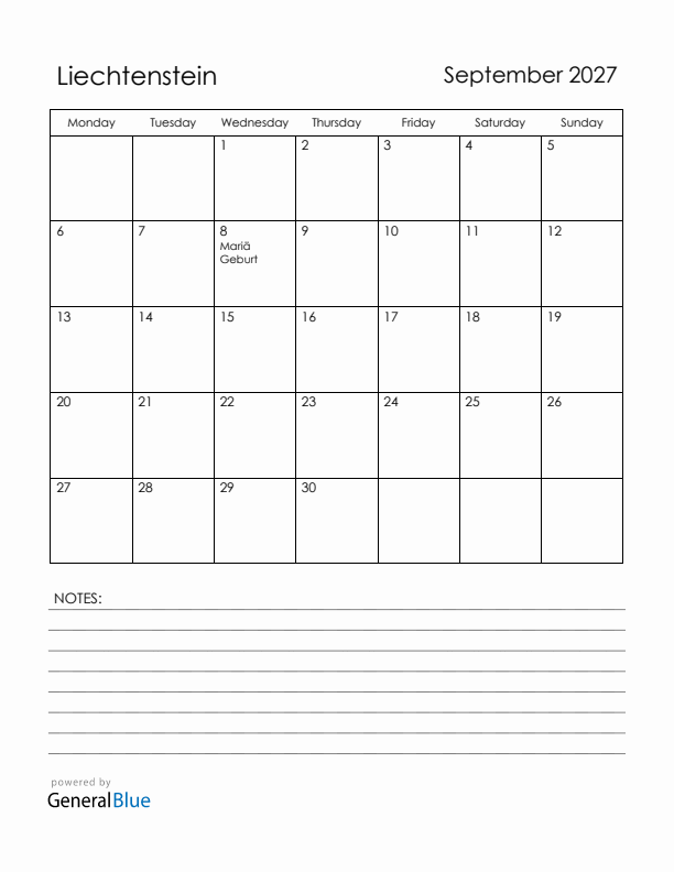 September 2027 Liechtenstein Calendar with Holidays (Monday Start)