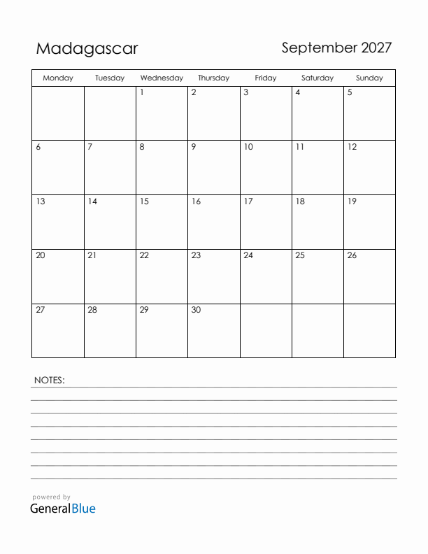 September 2027 Madagascar Calendar with Holidays (Monday Start)