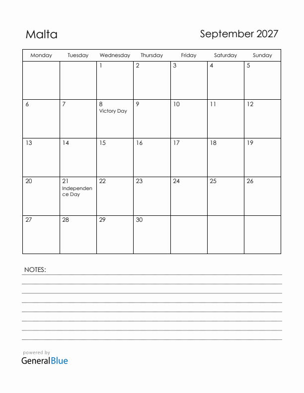 September 2027 Malta Calendar with Holidays (Monday Start)