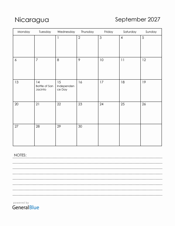September 2027 Nicaragua Calendar with Holidays (Monday Start)
