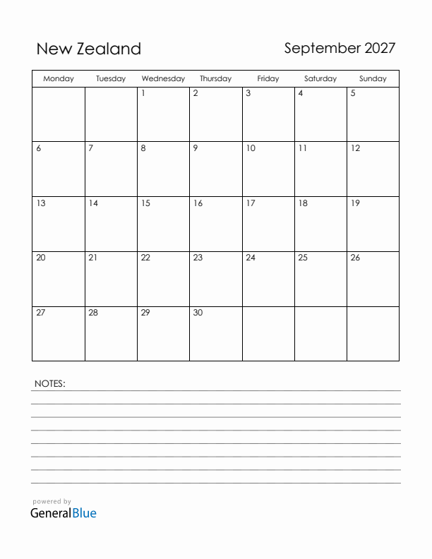 September 2027 New Zealand Calendar with Holidays (Monday Start)