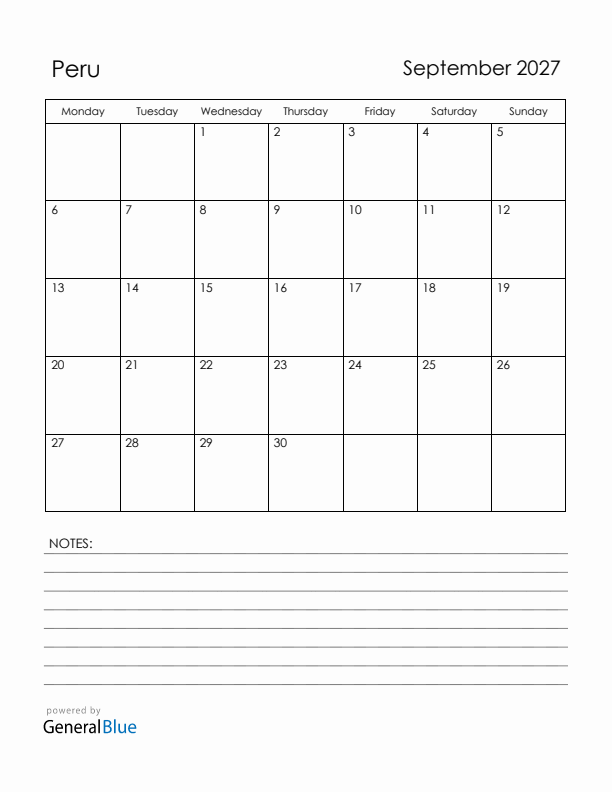 September 2027 Peru Calendar with Holidays (Monday Start)