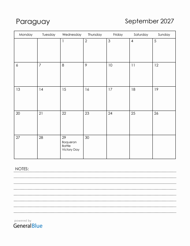 September 2027 Paraguay Calendar with Holidays (Monday Start)