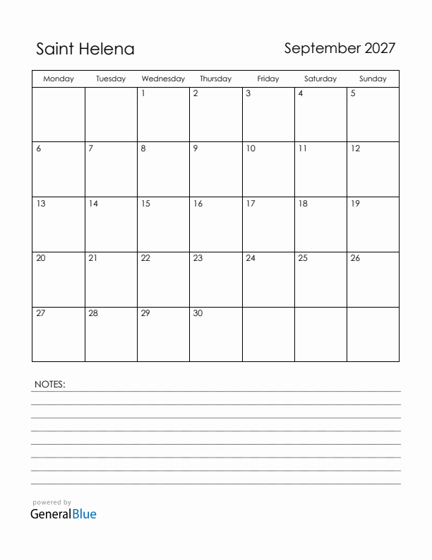 September 2027 Saint Helena Calendar with Holidays (Monday Start)