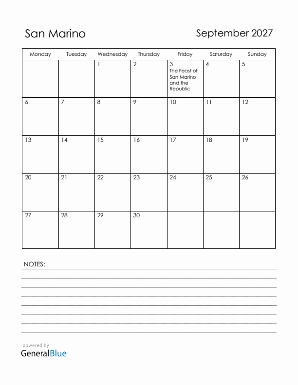 September 2027 San Marino Calendar with Holidays (Monday Start)