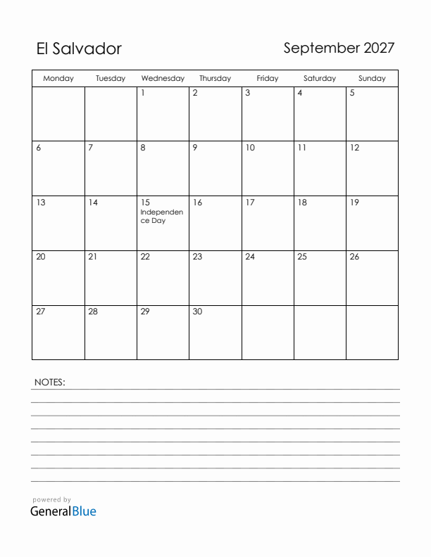September 2027 El Salvador Calendar with Holidays (Monday Start)