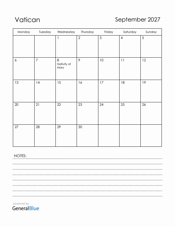 September 2027 Vatican Calendar with Holidays (Monday Start)
