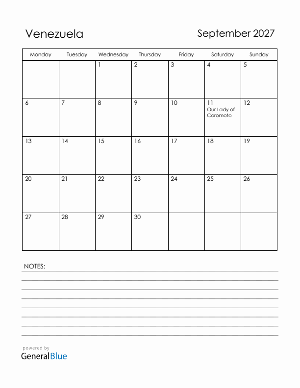 September 2027 Venezuela Calendar with Holidays (Monday Start)