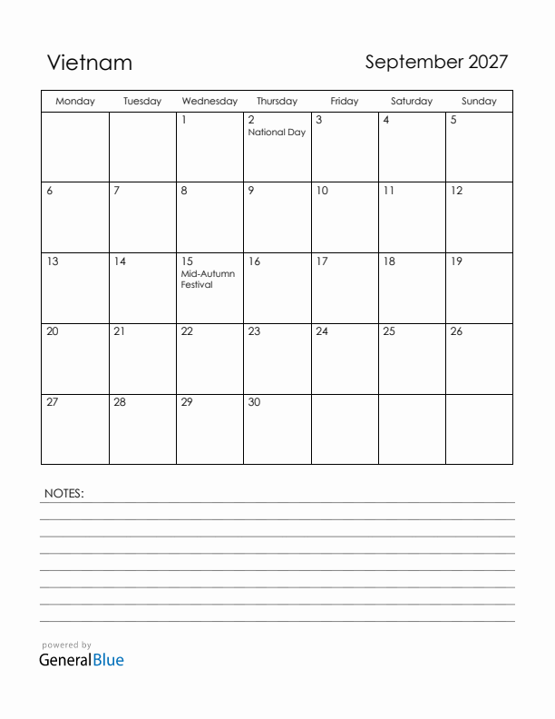 September 2027 Vietnam Calendar with Holidays (Monday Start)