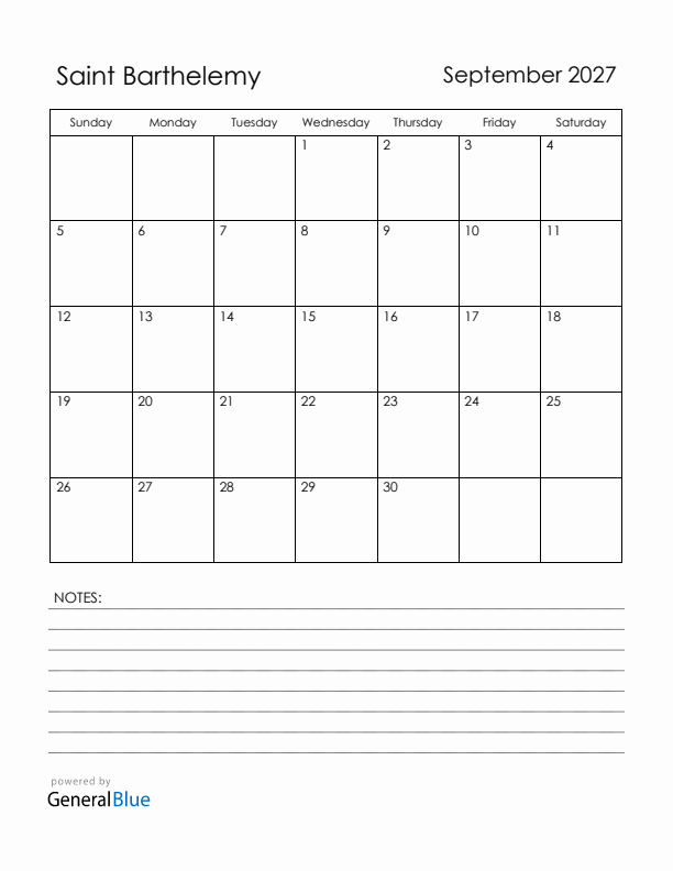 September 2027 Saint Barthelemy Calendar with Holidays (Sunday Start)