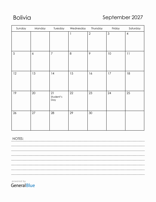 September 2027 Bolivia Calendar with Holidays (Sunday Start)