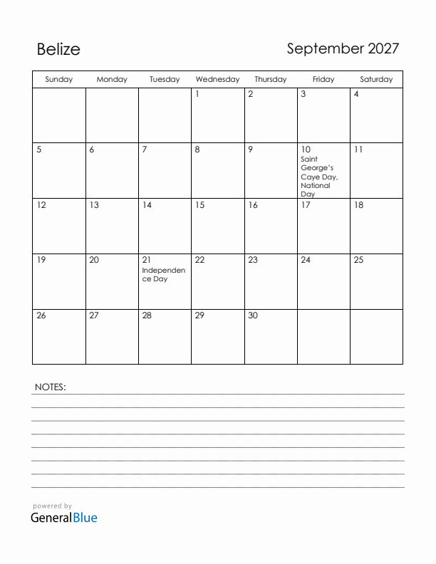 September 2027 Belize Calendar with Holidays (Sunday Start)
