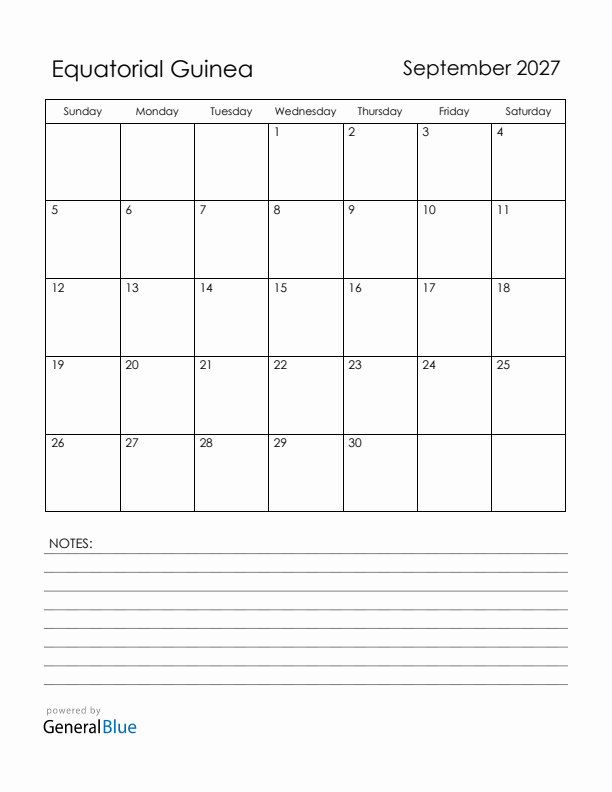 September 2027 Equatorial Guinea Calendar with Holidays (Sunday Start)