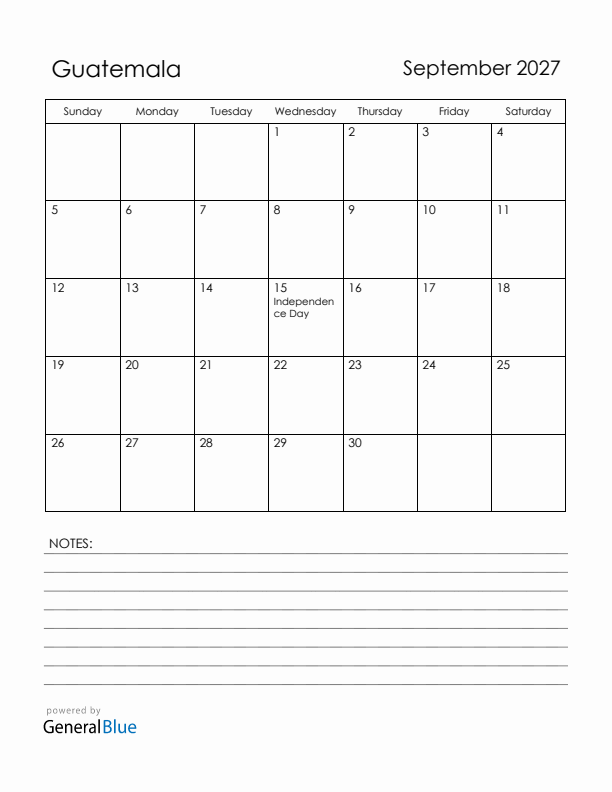 September 2027 Guatemala Calendar with Holidays (Sunday Start)